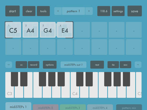 Screenshot histórico de midiSTEPs - midi step sequencer toy