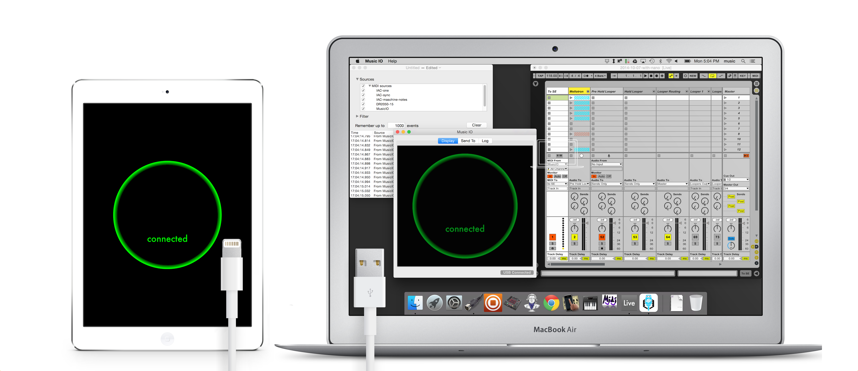 Music IO e midimux conectando iPad e Mac via MIDI por USB